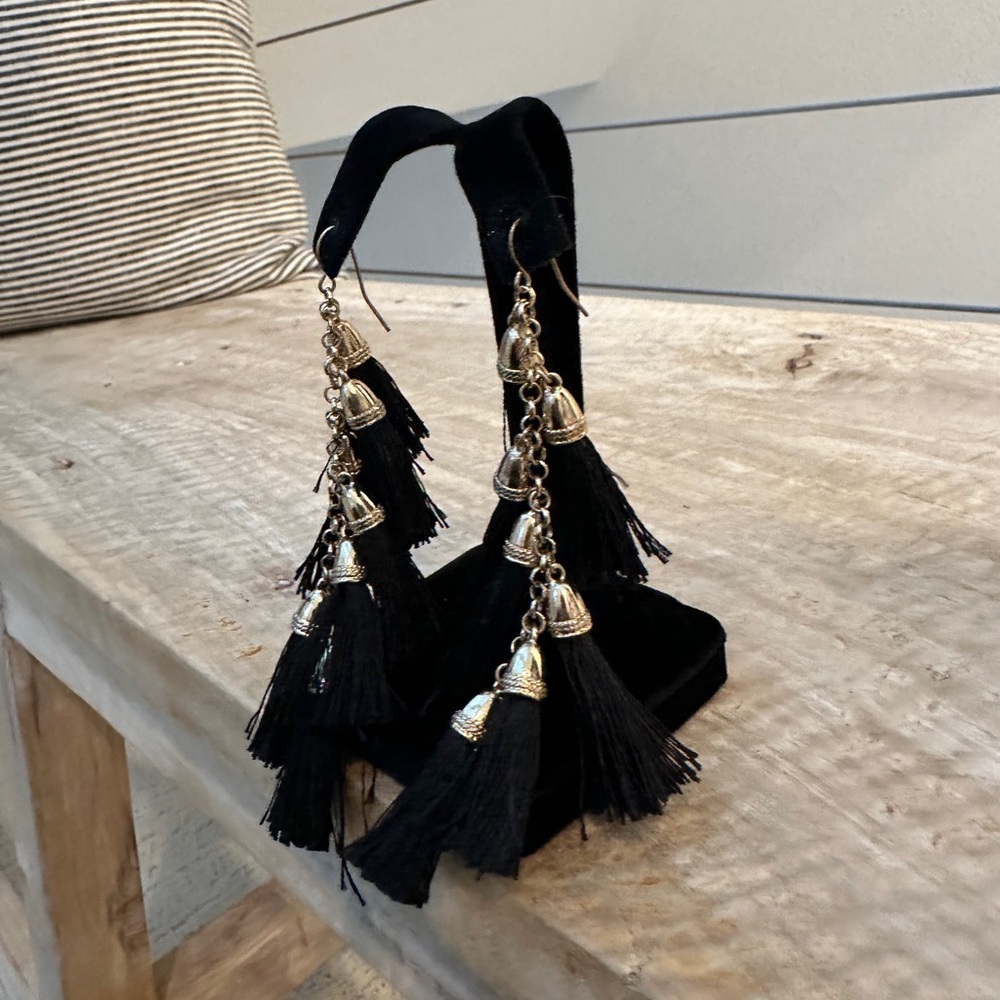 Black Tassel Statement Earrings Target Xhilaration Fringe Drop Boho Chic - Picture 4 of 4